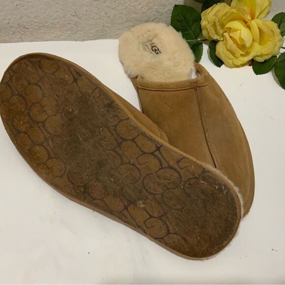 UGG Authentic Mens Scuff Leather Cozy Slippers Shoes Tan 5172 size9 - Picture 7 of 9